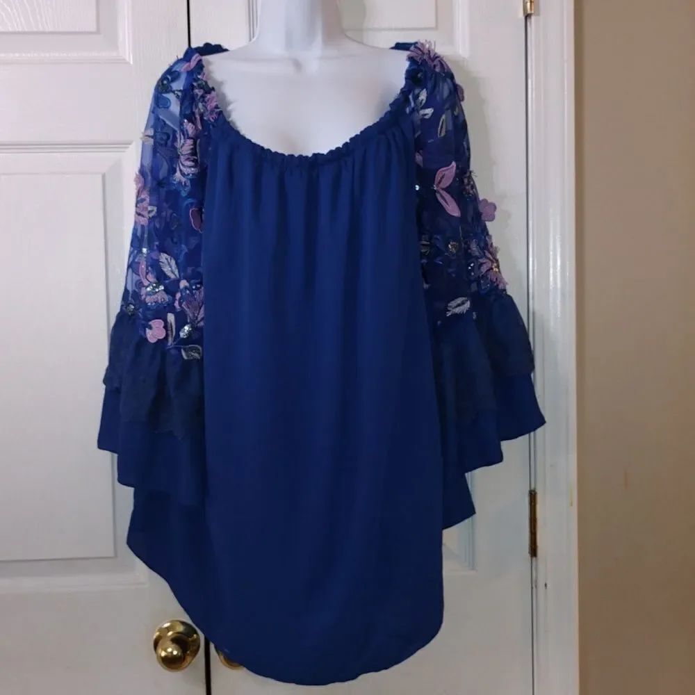 Colleen Lopez Off-Shoulder Royal Blue Embroidered Sleeve Blouse Sz XL NWOT